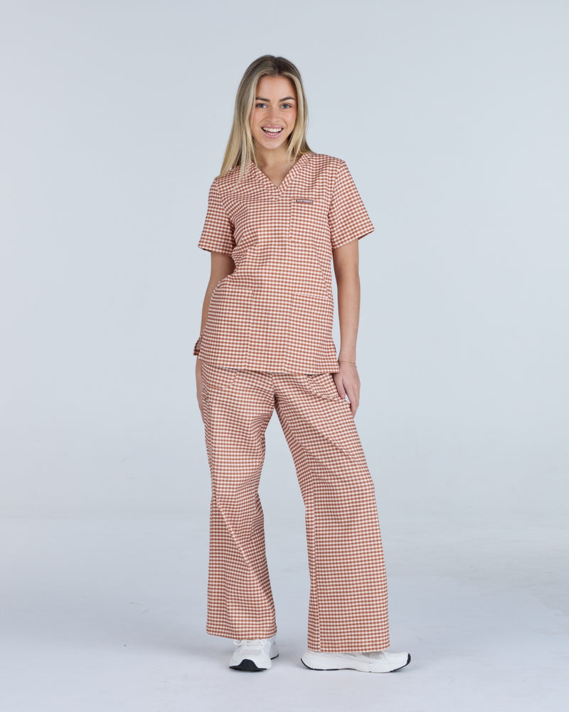 Three Pocket Scrub Top Cappuccino Gingham