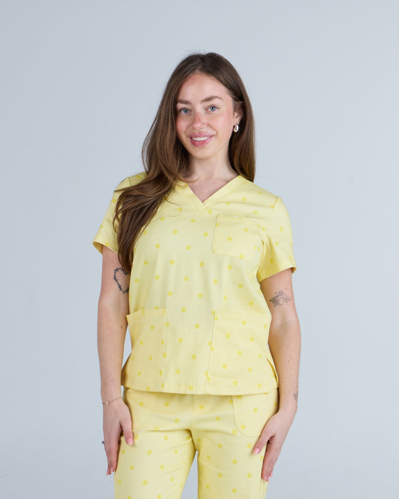 Three Pocket Scrub Top Butter Cream Polka