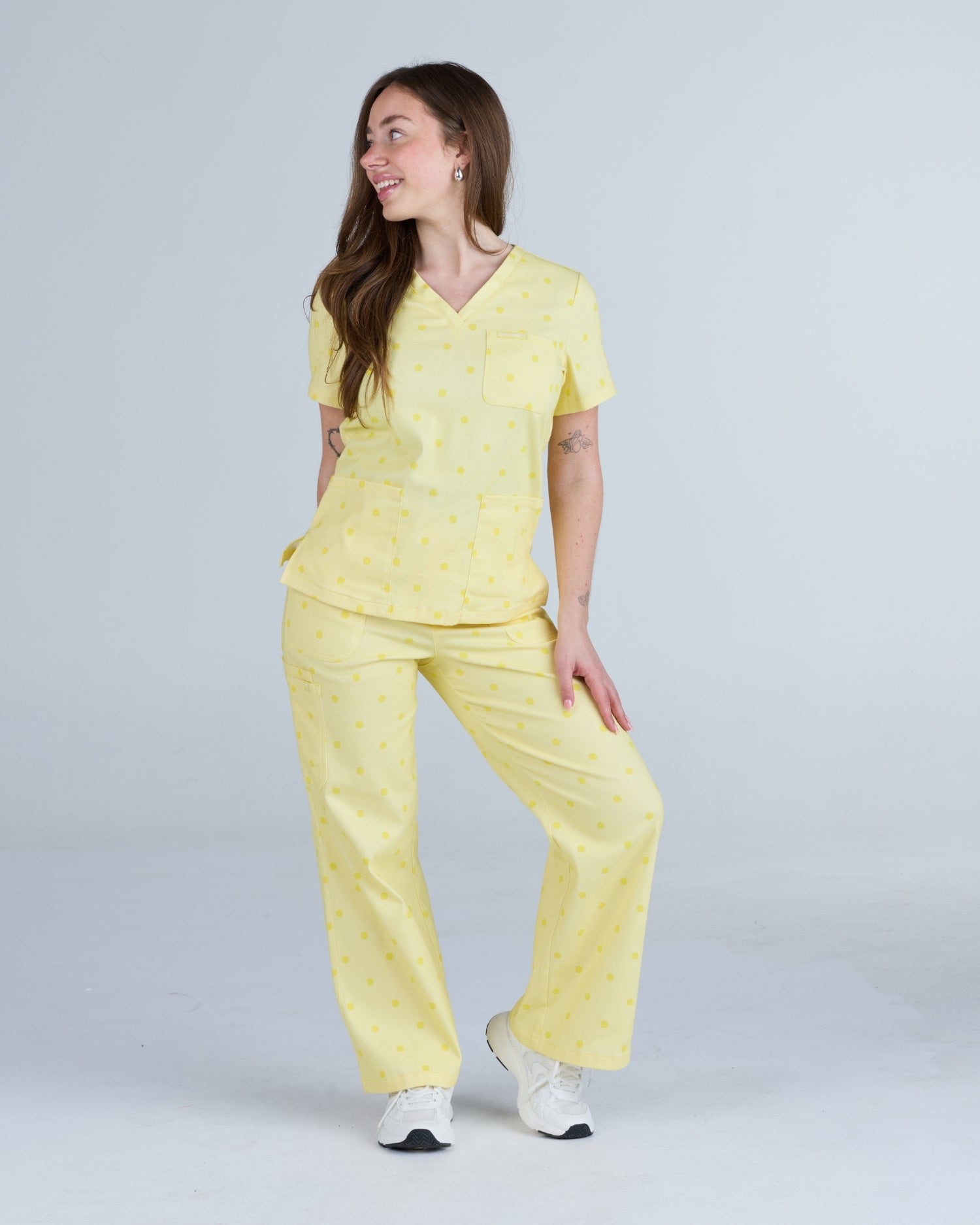 Three Pocket Scrub Top Butter Cream Polka