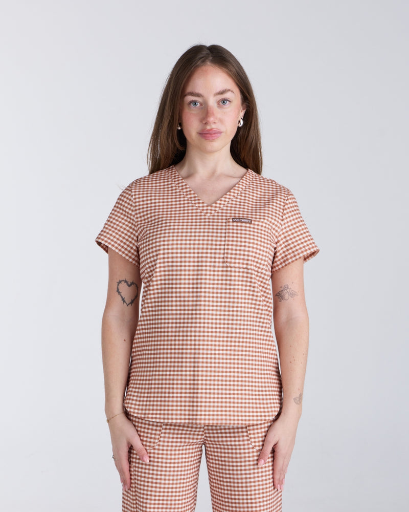 Tuck-In Scrub Top Cappuccino Gingham
