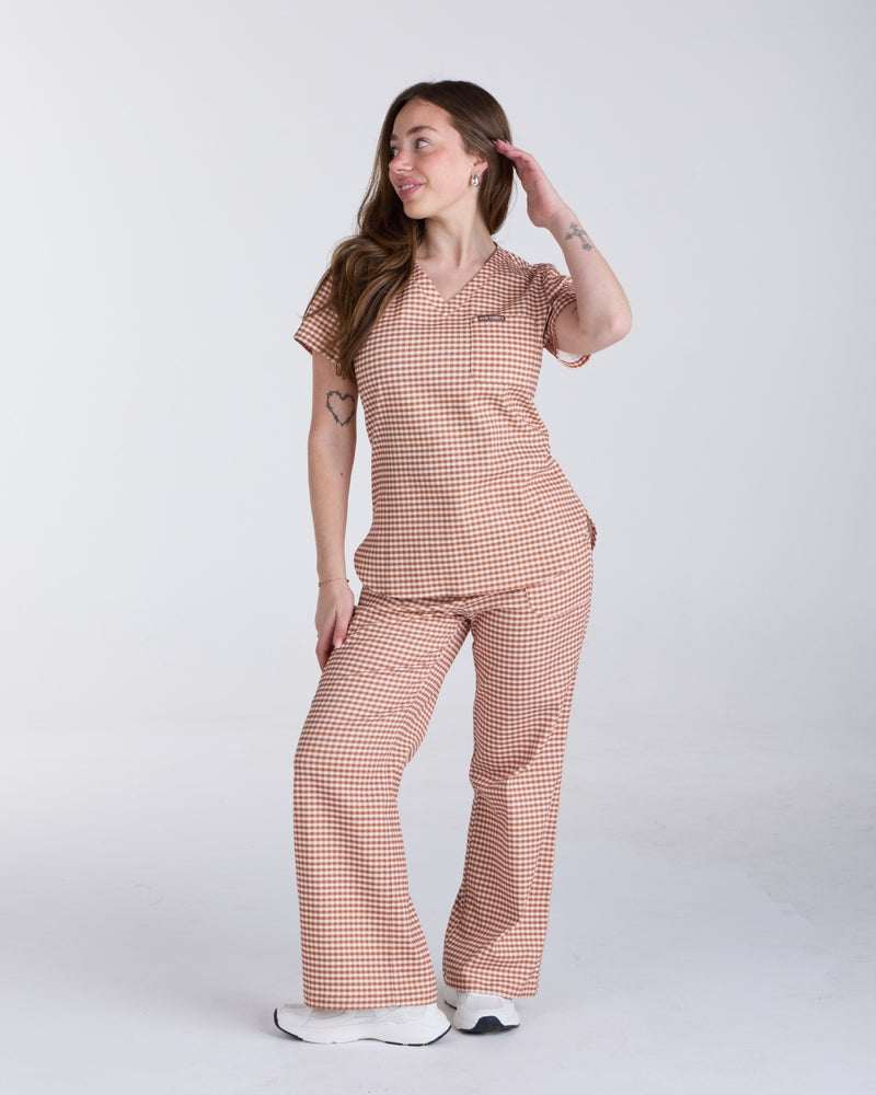 Tuck-In Scrub Top Cappuccino Gingham