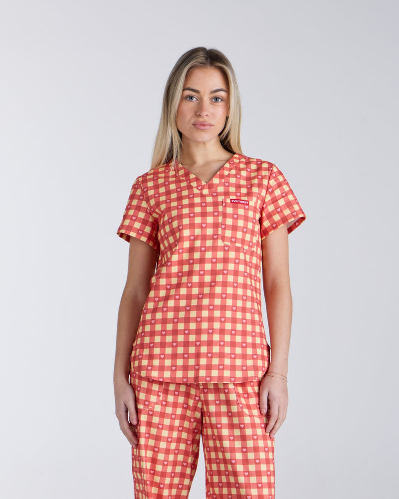 Tuck-In Scrub Top Ruby Gingham